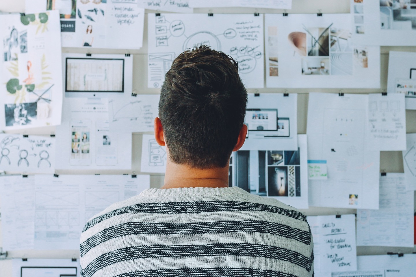 Man from behind watching info papers displayed on a wall