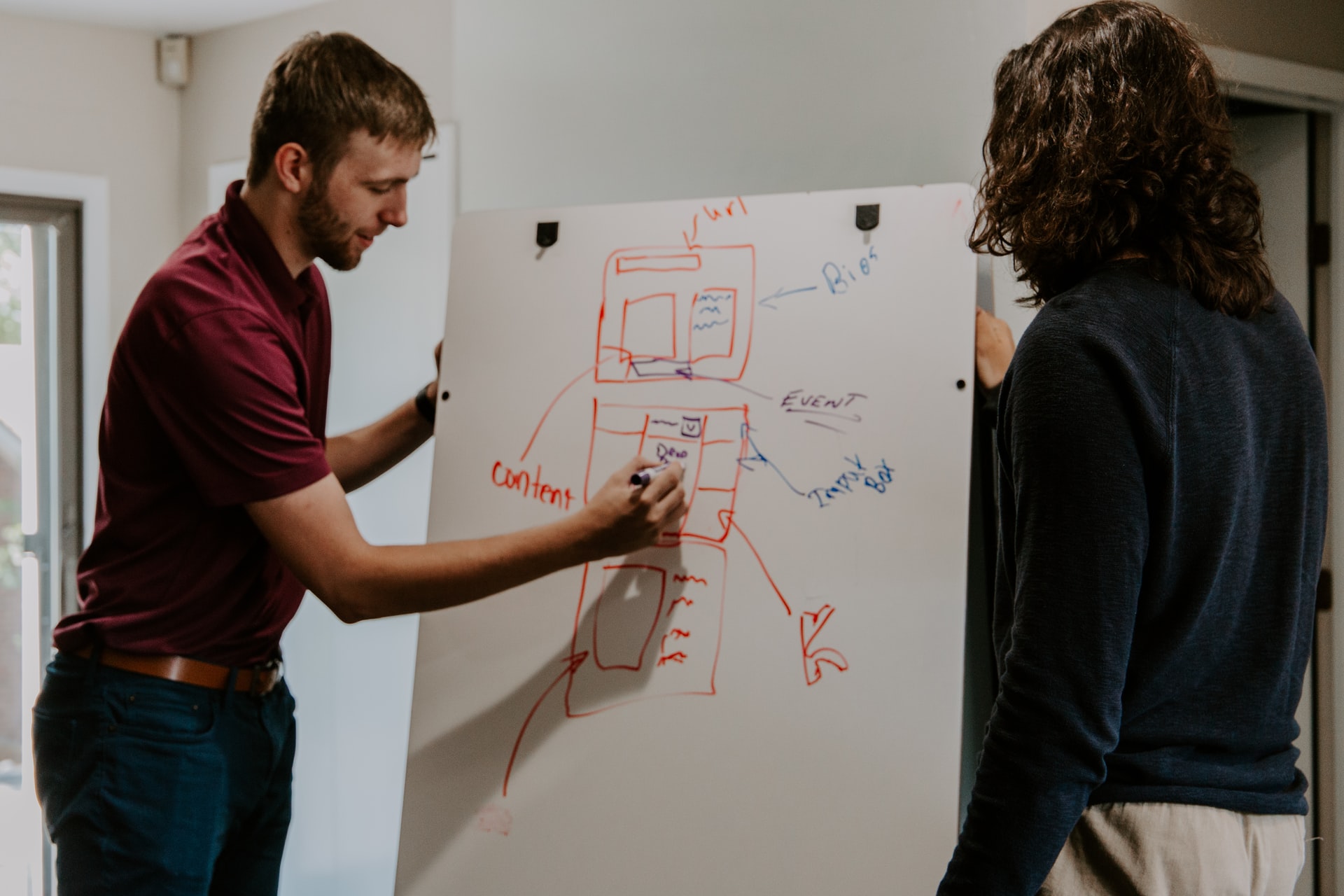 Two person developing an application design while one of them is drawing on a whiteboard