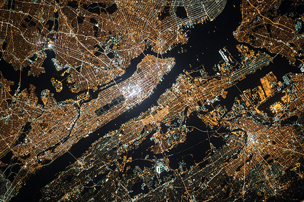 Manhattan view at night from the sky